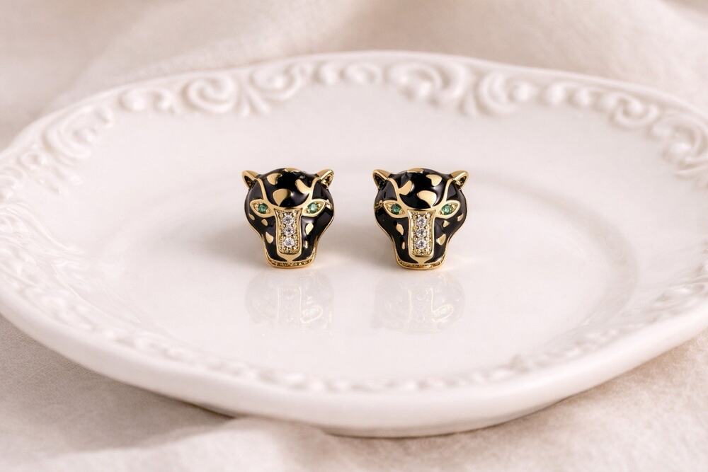 Art Deco Jaguar Leopard Earrings Antique Museum Gold Head CZ Cat Animal Revival